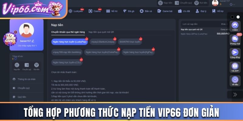 Tổng hợp phương thức nạp tiền Vip66 đơn giản 